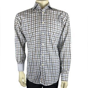 NWOT Thomas Dean L/S Dress Shirt w/Lt Blue, Taupe, & Black Grid Pattern Size Lg
